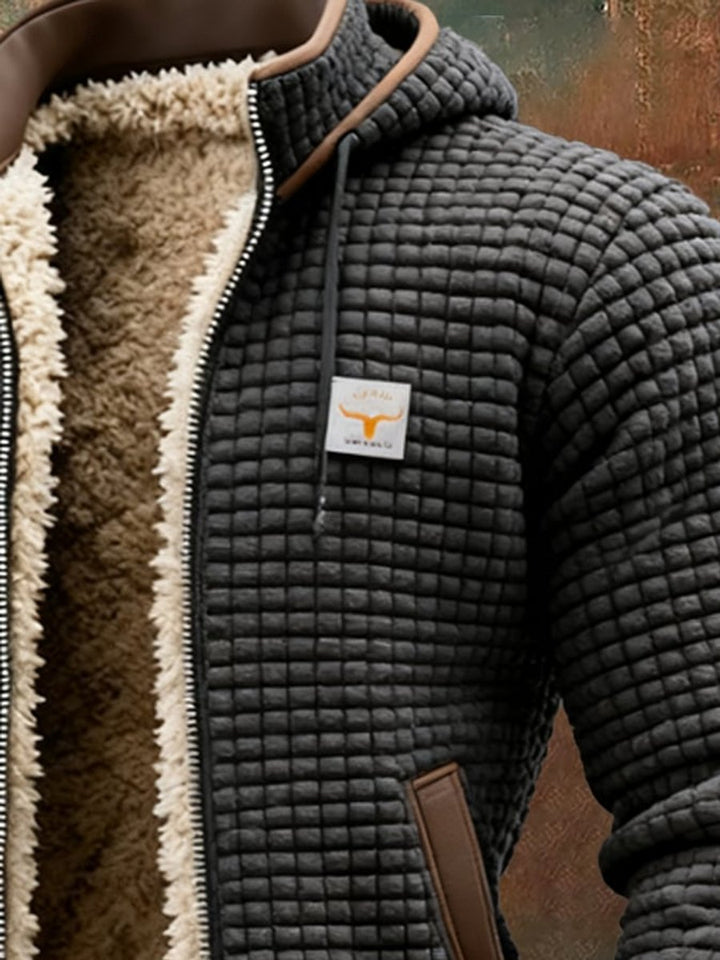 Herren Steppjacke mit Fleecefutter Kapuze Reißverschluss Lederdetails