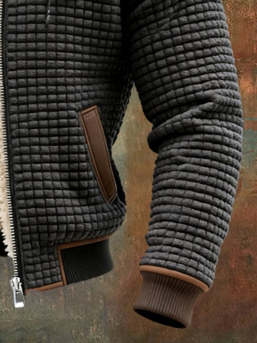Herren Steppjacke mit Fleecefutter Kapuze Reißverschluss Lederdetails