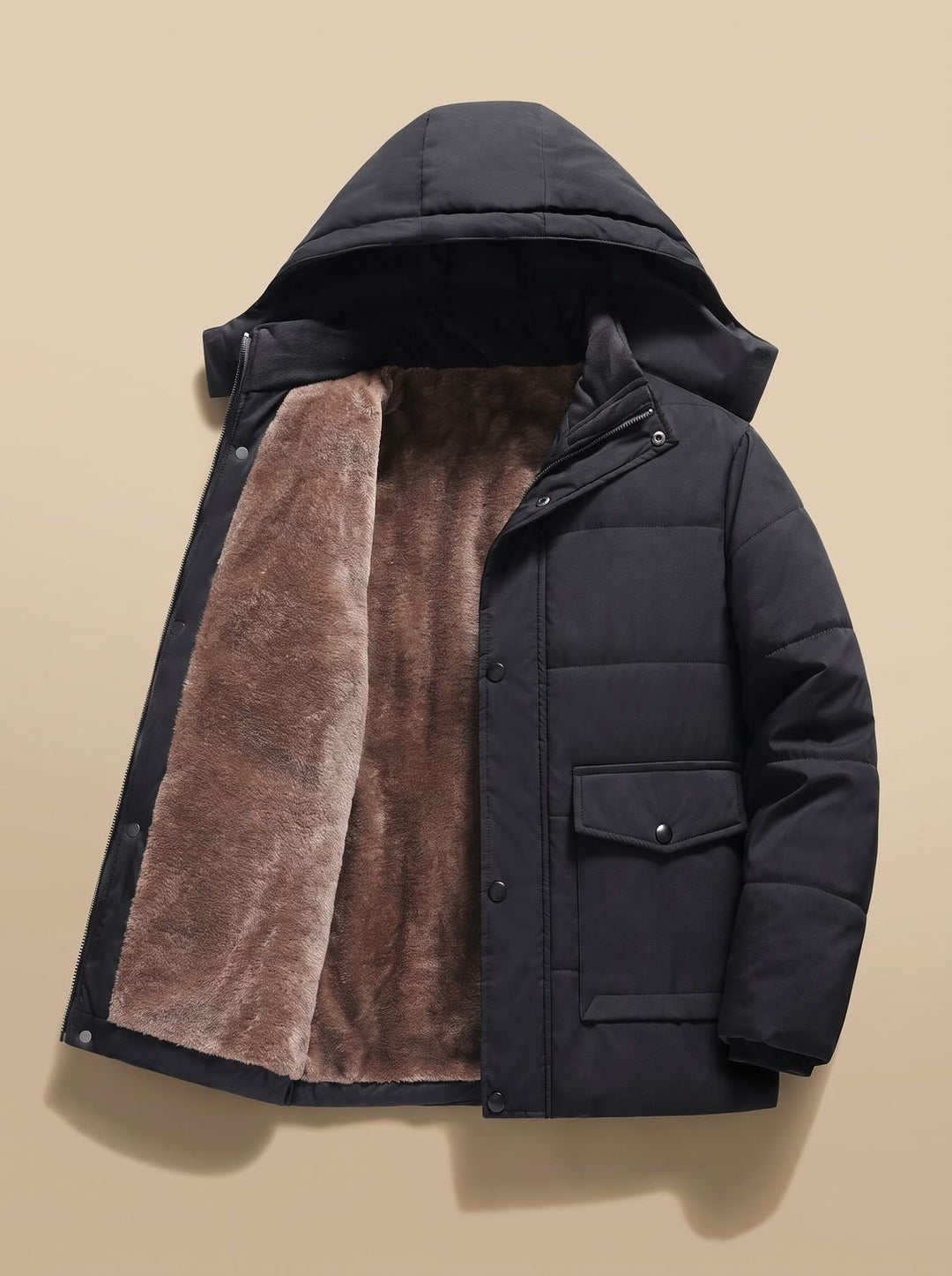 Herren Steppjacke mit Kapuze Fleece-Futter wasserabweisend, Black - Schwarz