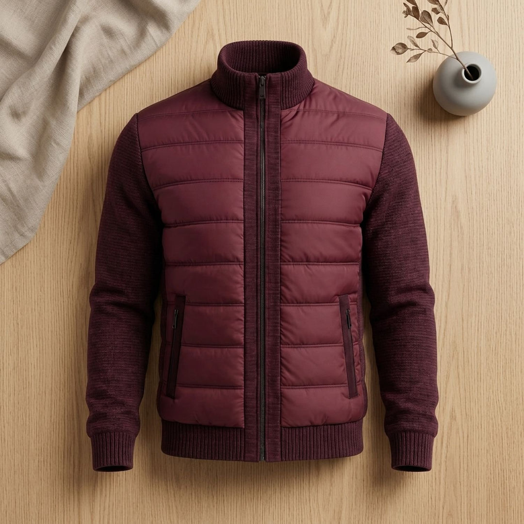 Herren Steppjacke mit Strickärmeln Hybrid Zip-Up Übergangsjacke - Bordeauxrot