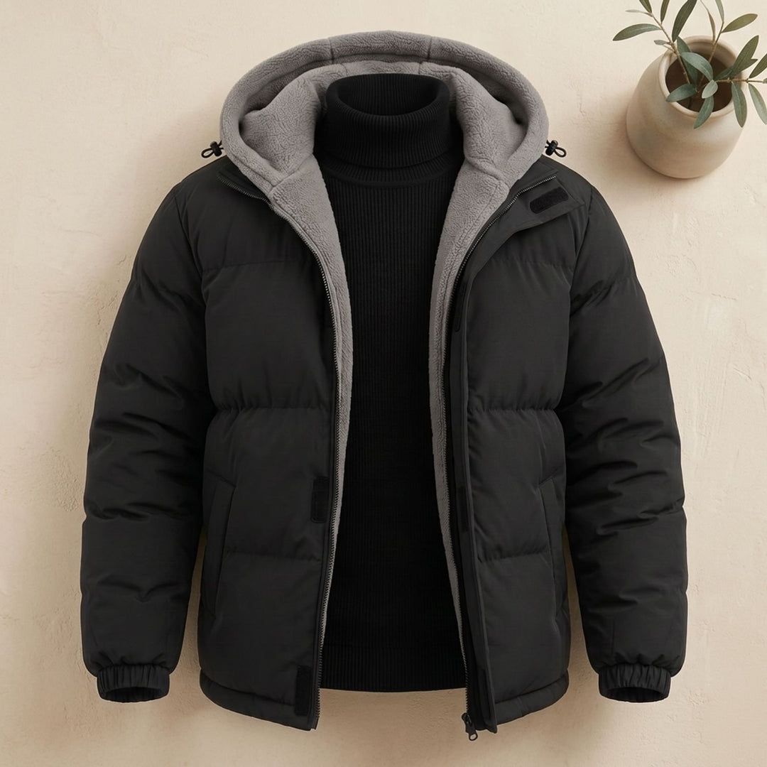 Herren Steppjacke Winter Pufferjacke mit Fleece-Kapuze - Schwarz