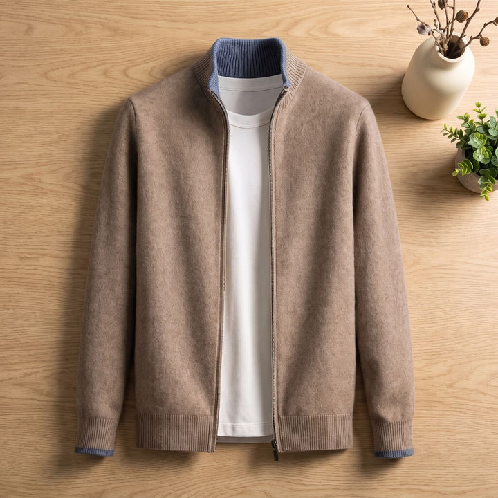 Herren Strick Cardigan mit Reißverschluss Stehkragen Weicher Herrn Strickjacke - Kamel