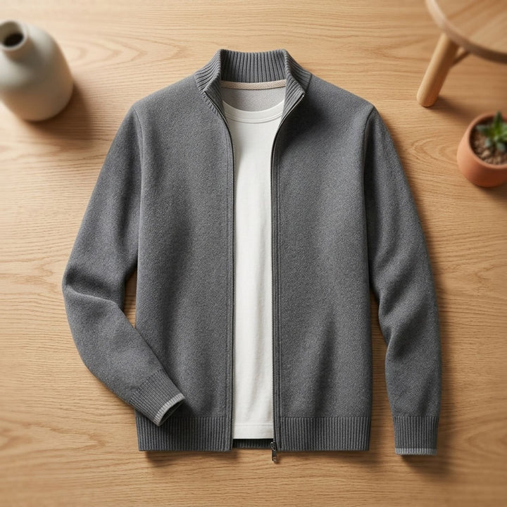 Herren Strick Cardigan mit Reißverschluss Stehkragen Weicher Herrn Strickjacke - Grau