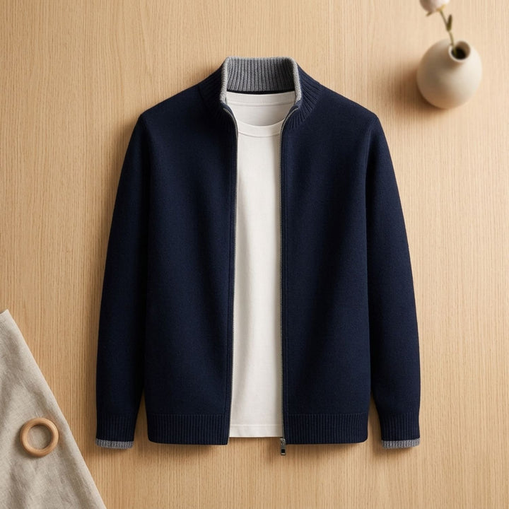 Herren Strick Cardigan mit Reißverschluss Stehkragen Weicher Herrn Strickjacke - Blau