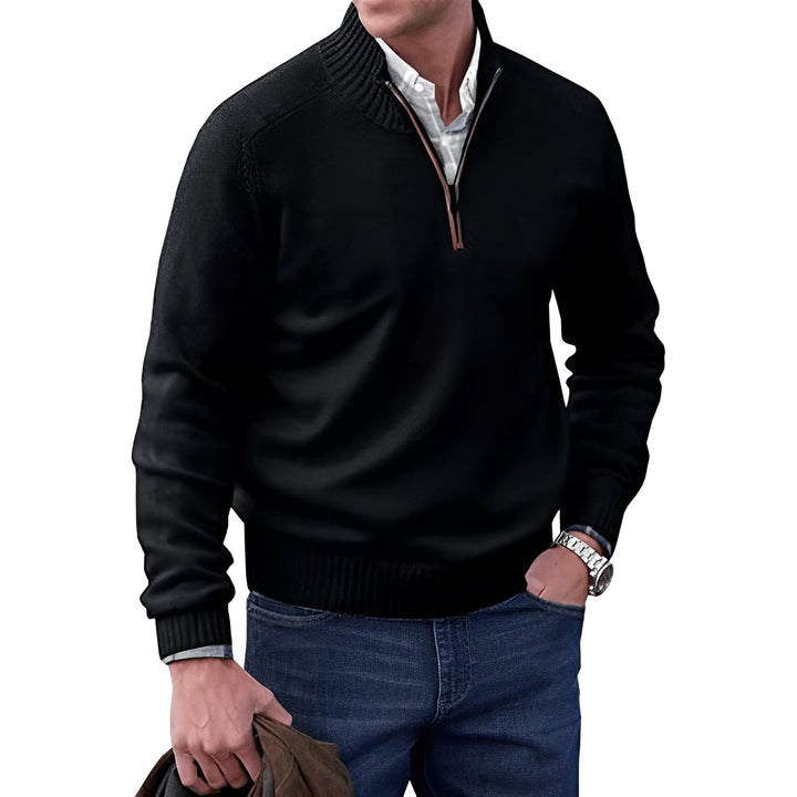 Herren Strick-Sweater Regular-Fit Langarm Quarter-Zip Pullover - Black