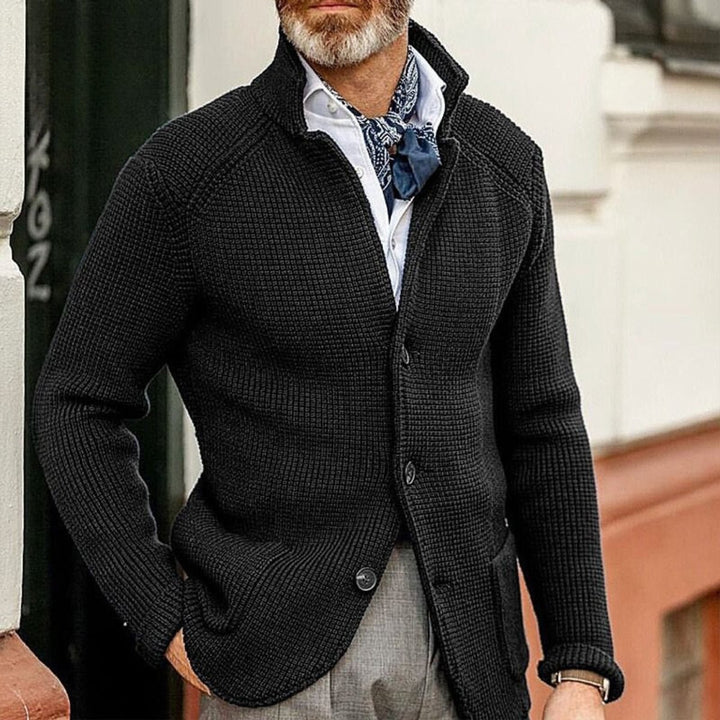 Herren Strickjacke Cardigan mit Knopfleiste in Waffeloptik - Schwarz