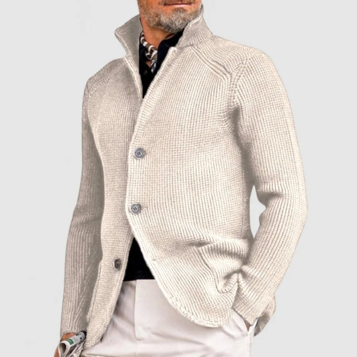 Herren Strickjacke Cardigan mit Knopfleiste in Waffeloptik - Weiß