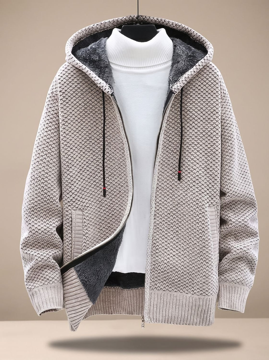 Herren Strickjacke mit Kapuze Reißverschluss Fleecefutter Waffelmuster - Beige