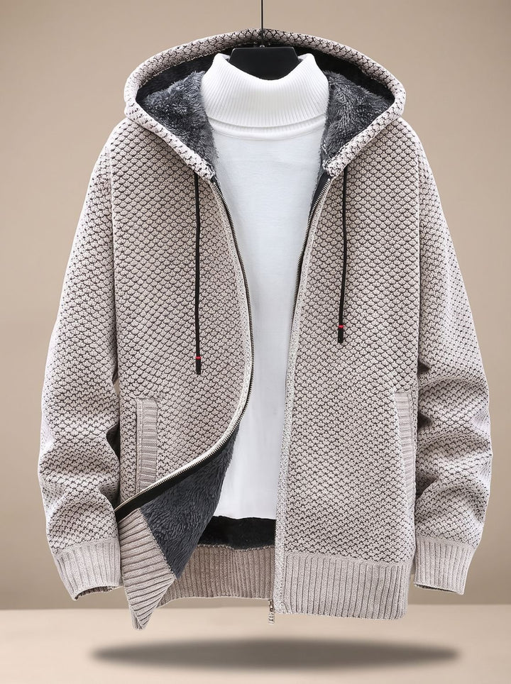 Herren Strickjacke mit Kapuze Reißverschluss Fleecefutter Waffelmuster - Beige
