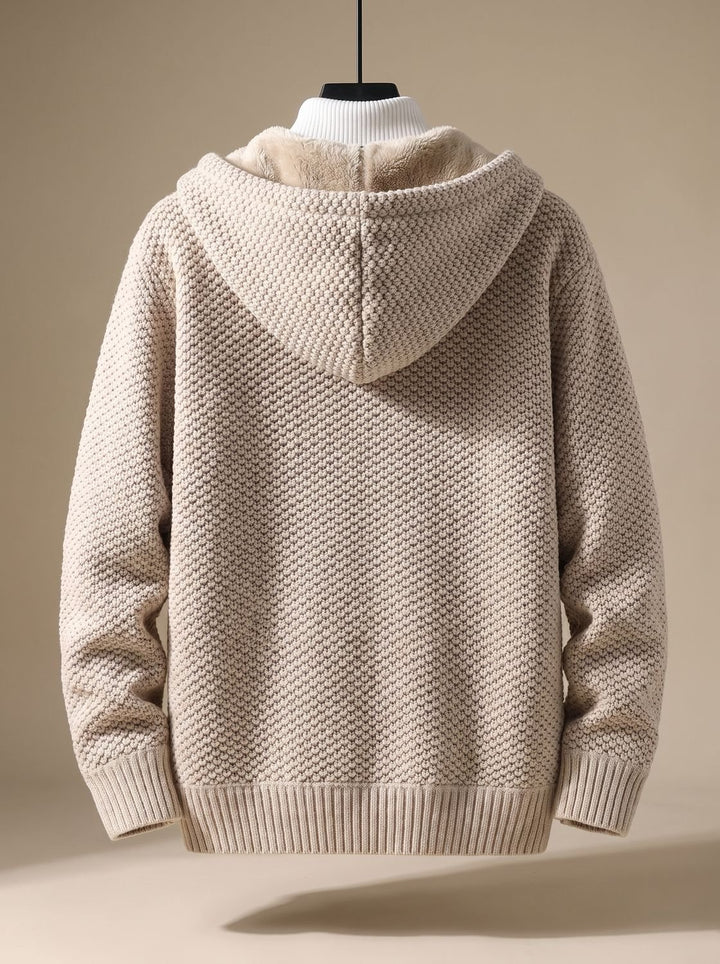 Herren Strickjacke mit Kapuze Reißverschluss Fleecefutter Waffelmuster
