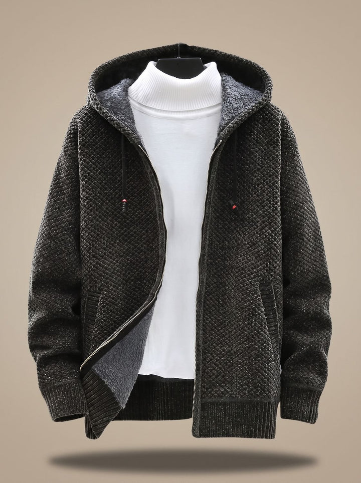 Herren Strickjacke mit Kapuze Reißverschluss Fleecefutter Waffelmuster - Grün