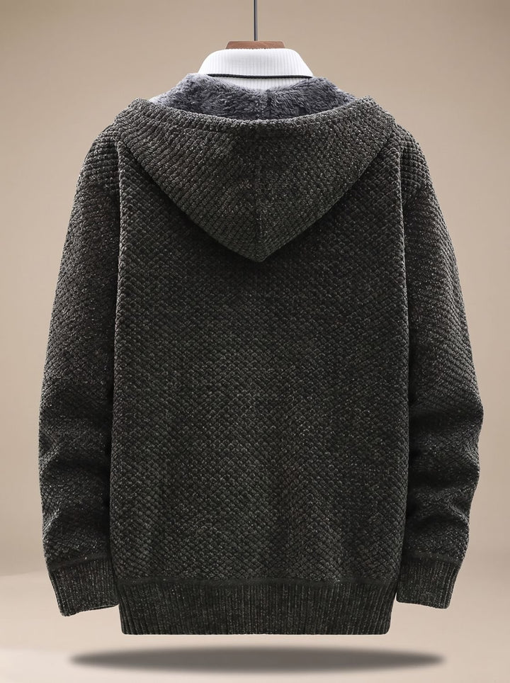 Herren Strickjacke mit Kapuze Reißverschluss Fleecefutter Waffelmuster