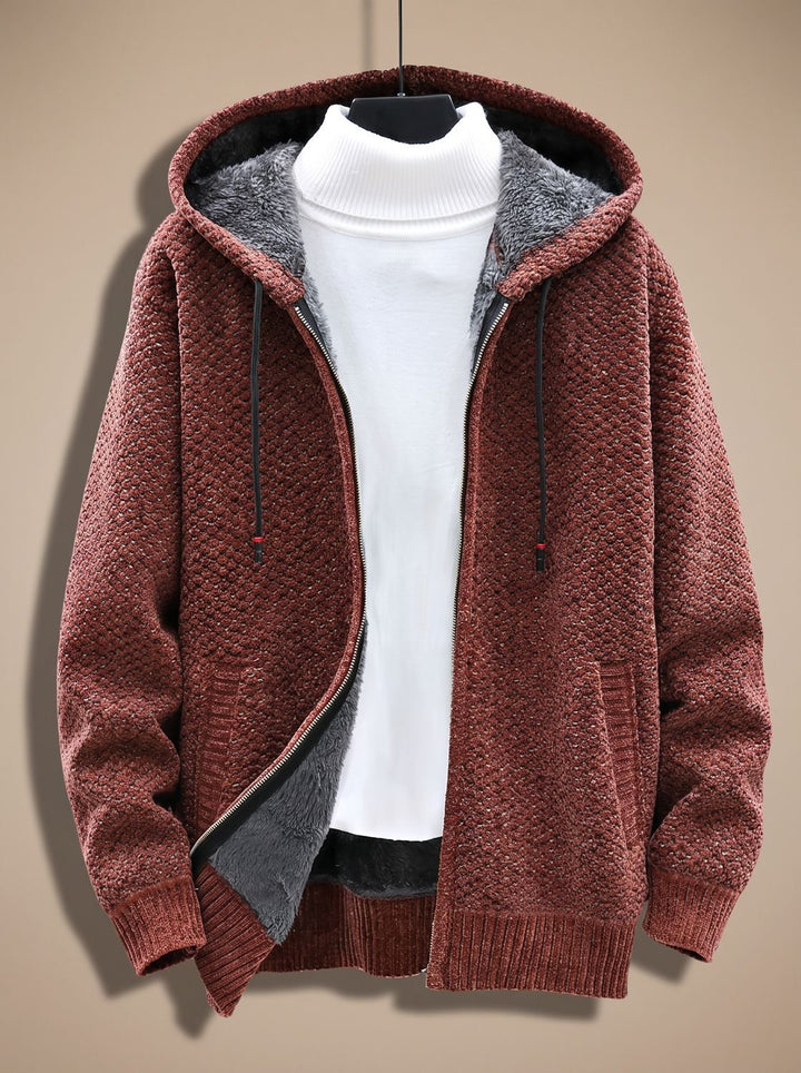 Herren Strickjacke mit Kapuze Reißverschluss Fleecefutter Waffelmuster - Braun