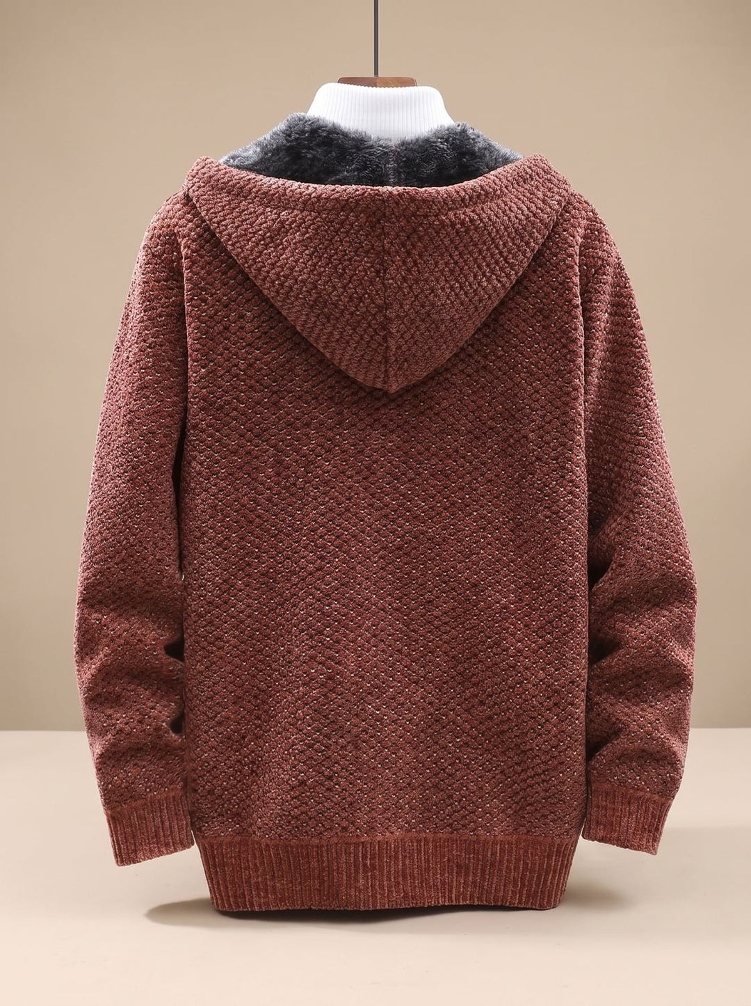 Herren Strickjacke mit Kapuze Reißverschluss Fleecefutter Waffelmuster
