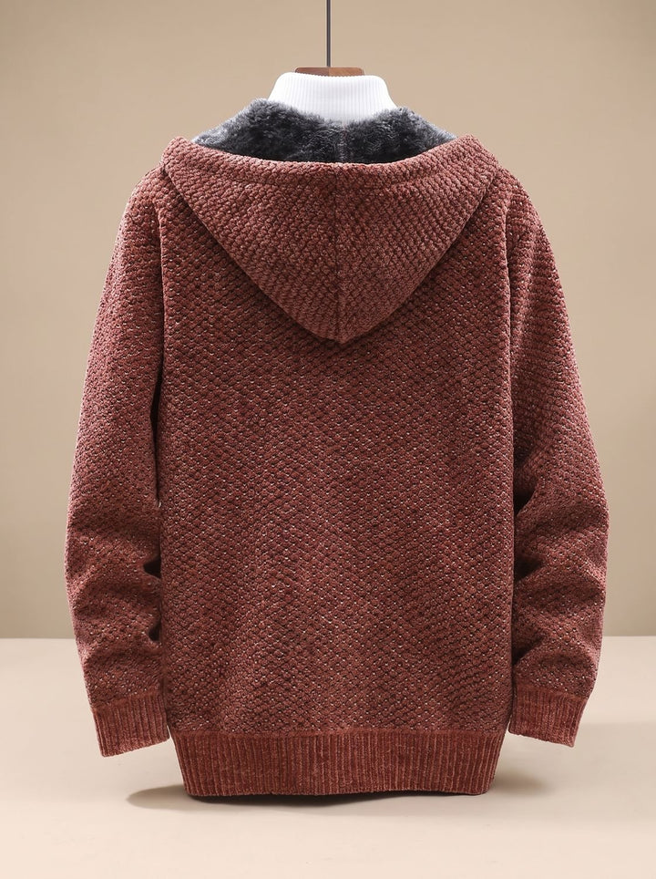 Herren Strickjacke mit Kapuze Reißverschluss Fleecefutter Waffelmuster