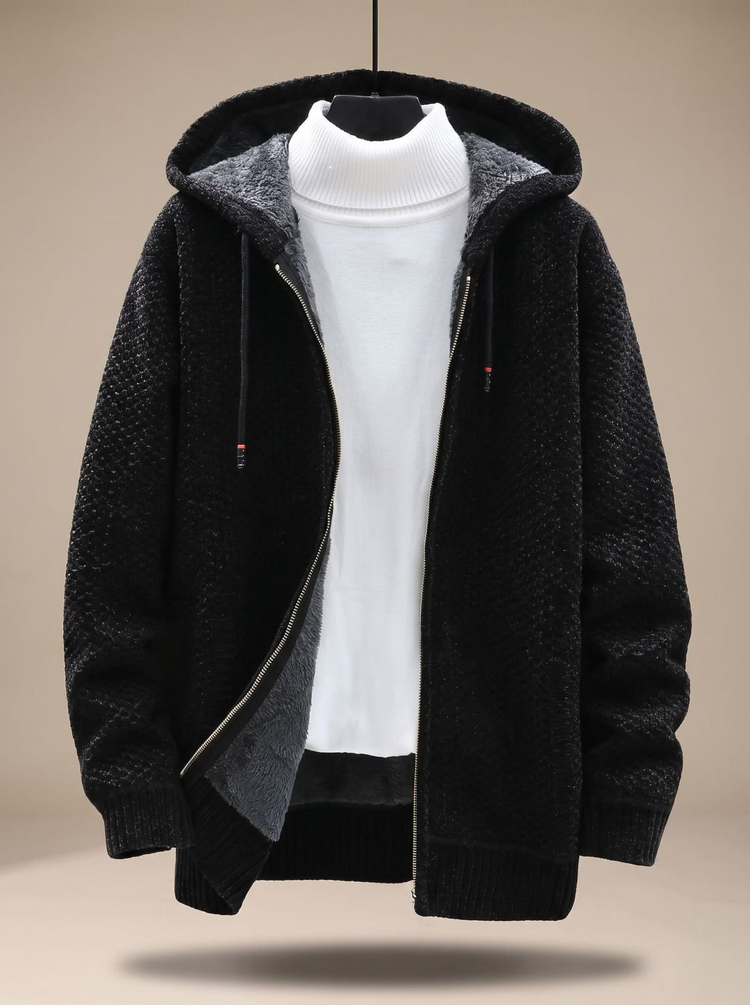 Herren Strickjacke mit Kapuze Reißverschluss Fleecefutter Waffelmuster - Schwarz