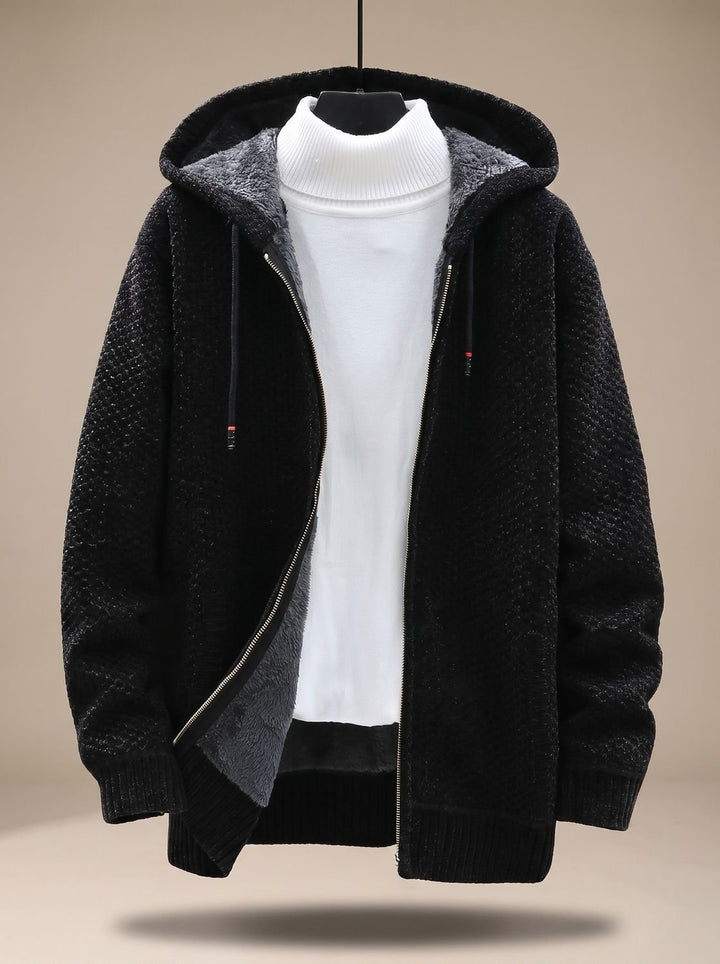 Herren Strickjacke mit Kapuze Reißverschluss Fleecefutter Waffelmuster - Schwarz