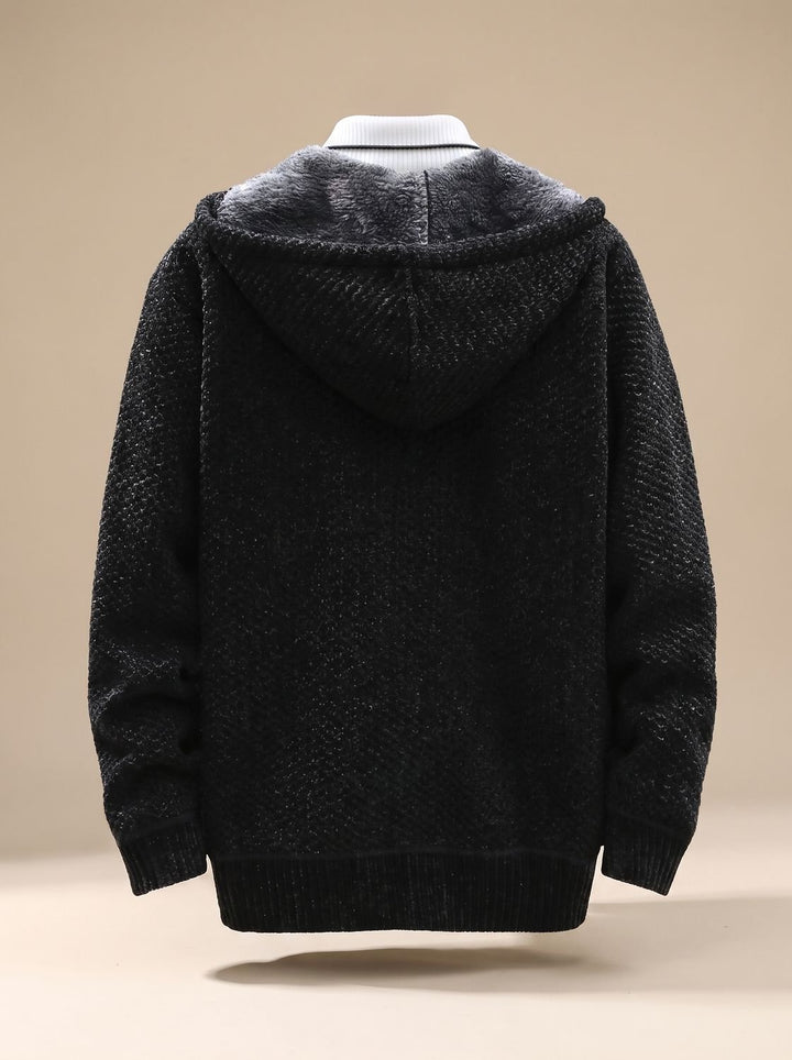 Herren Strickjacke mit Kapuze Reißverschluss Fleecefutter Waffelmuster