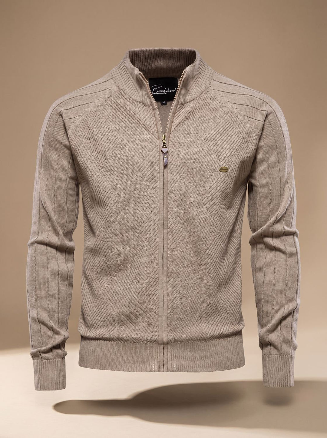 Herren Strickjacke mit Reißverschluss Stehkragen Slim-Fit - Beige