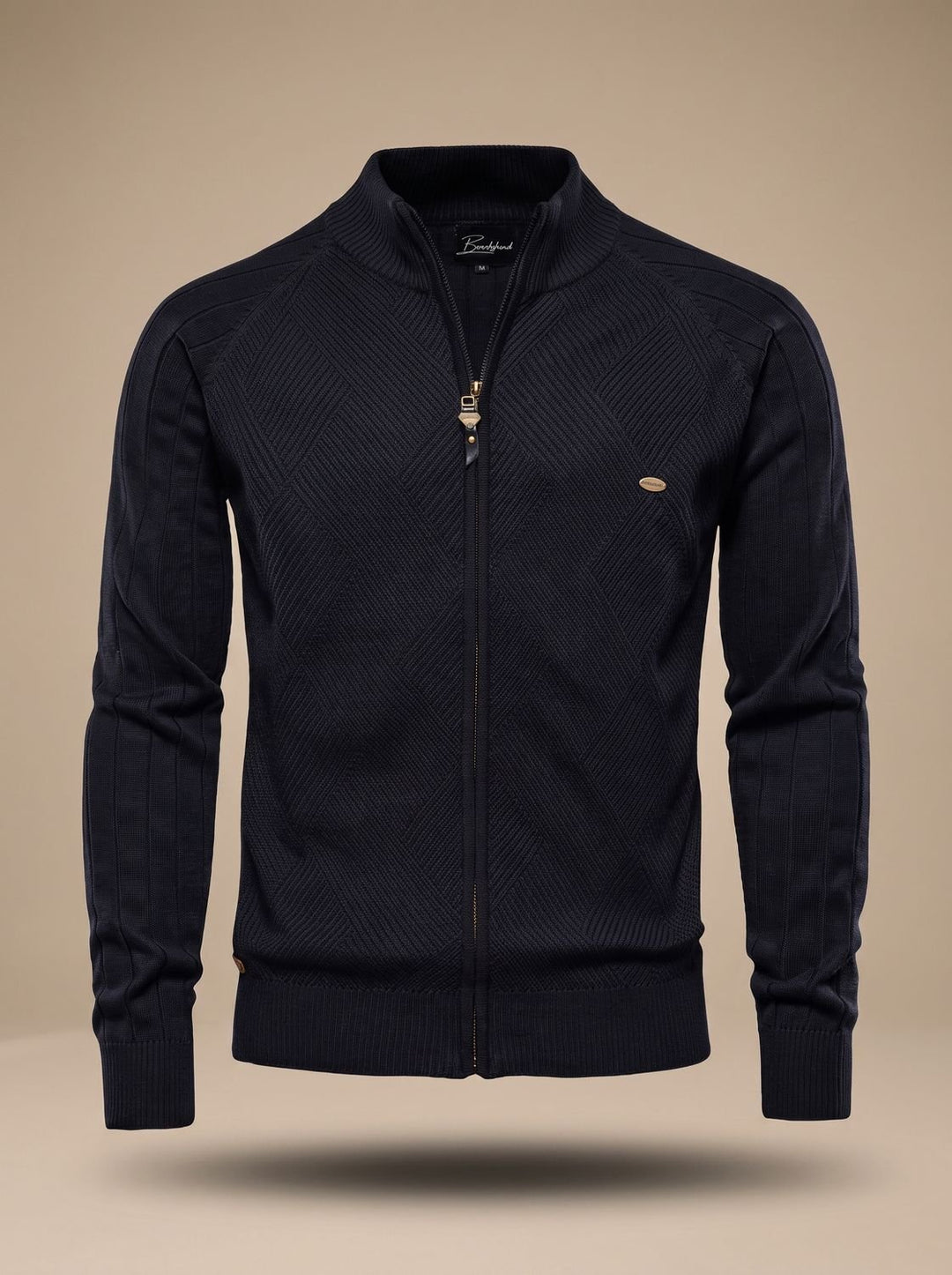 Herren Strickjacke mit Reißverschluss Stehkragen Slim-Fit - Schwarz