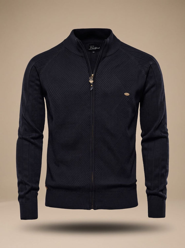 Herren Strickjacke mit Reißverschluss Stehkragen Slim-Fit - Schwarz