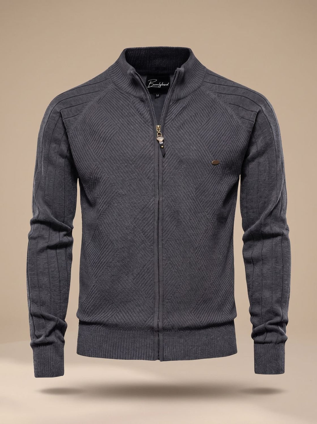 Herren Strickjacke mit Reißverschluss Stehkragen Slim-Fit - Grau