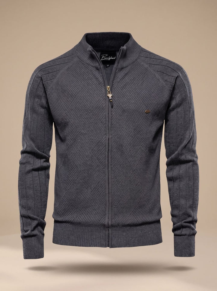 Herren Strickjacke mit Reißverschluss Stehkragen Slim-Fit - Grau