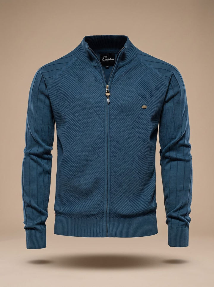 Herren Strickjacke mit Reißverschluss Stehkragen Slim-Fit - Blau