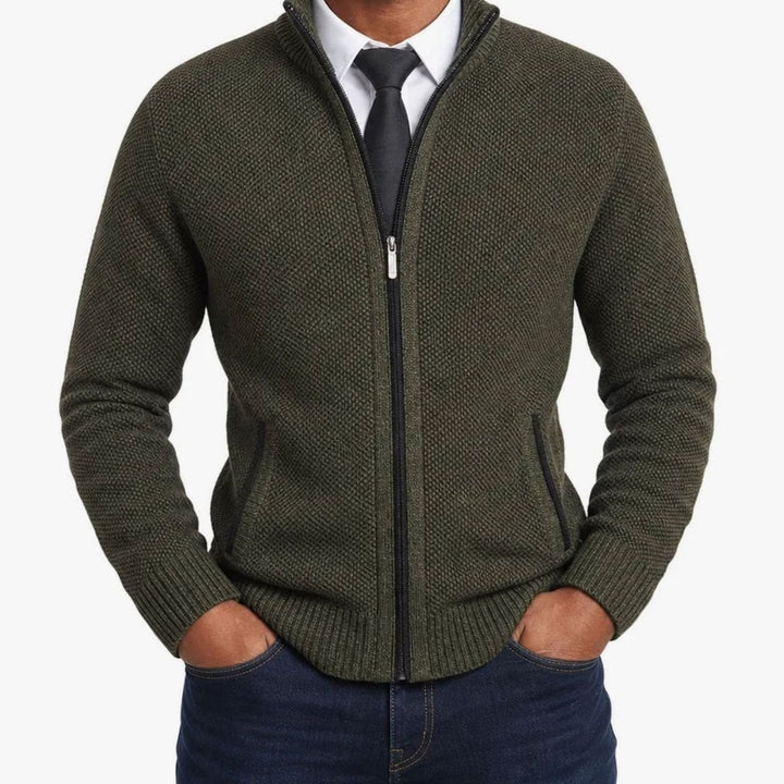 Herren Strickjacke mit Reißverschluss Stehkragen Strukturstrick - Grün