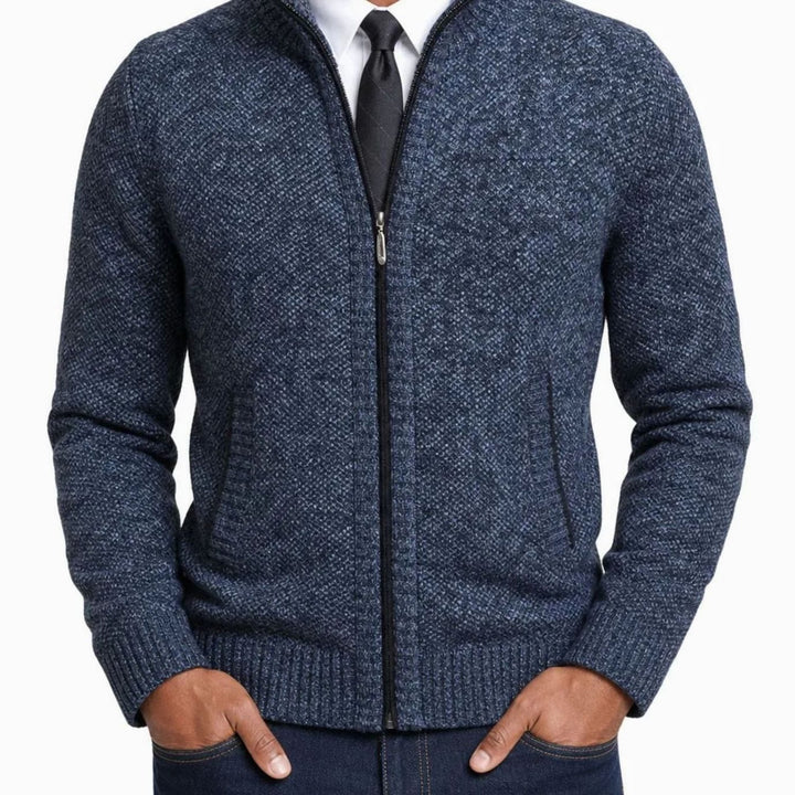 Herren Strickjacke mit Reißverschluss Stehkragen Strukturstrick - Blau