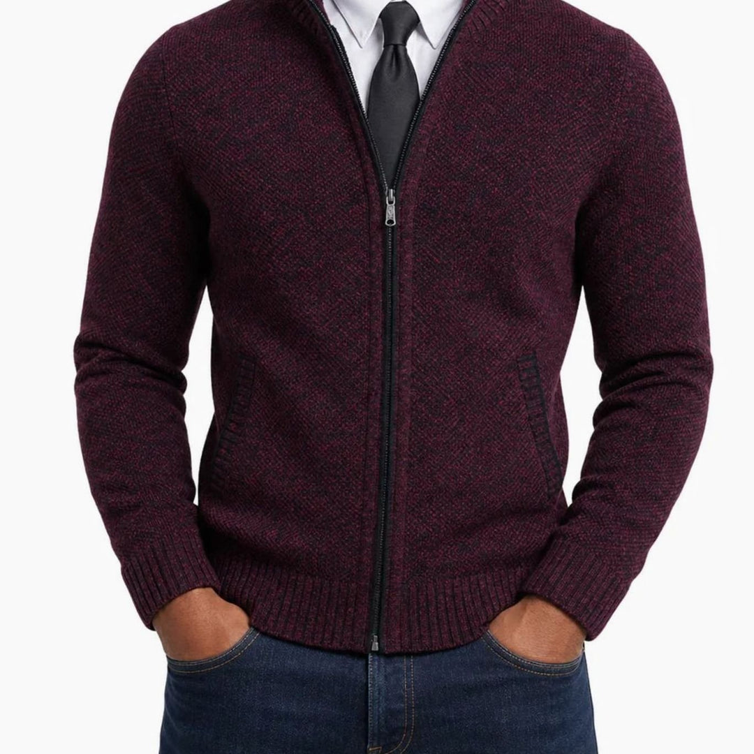 Herren Strickjacke mit Reißverschluss Stehkragen Strukturstrick - Rot