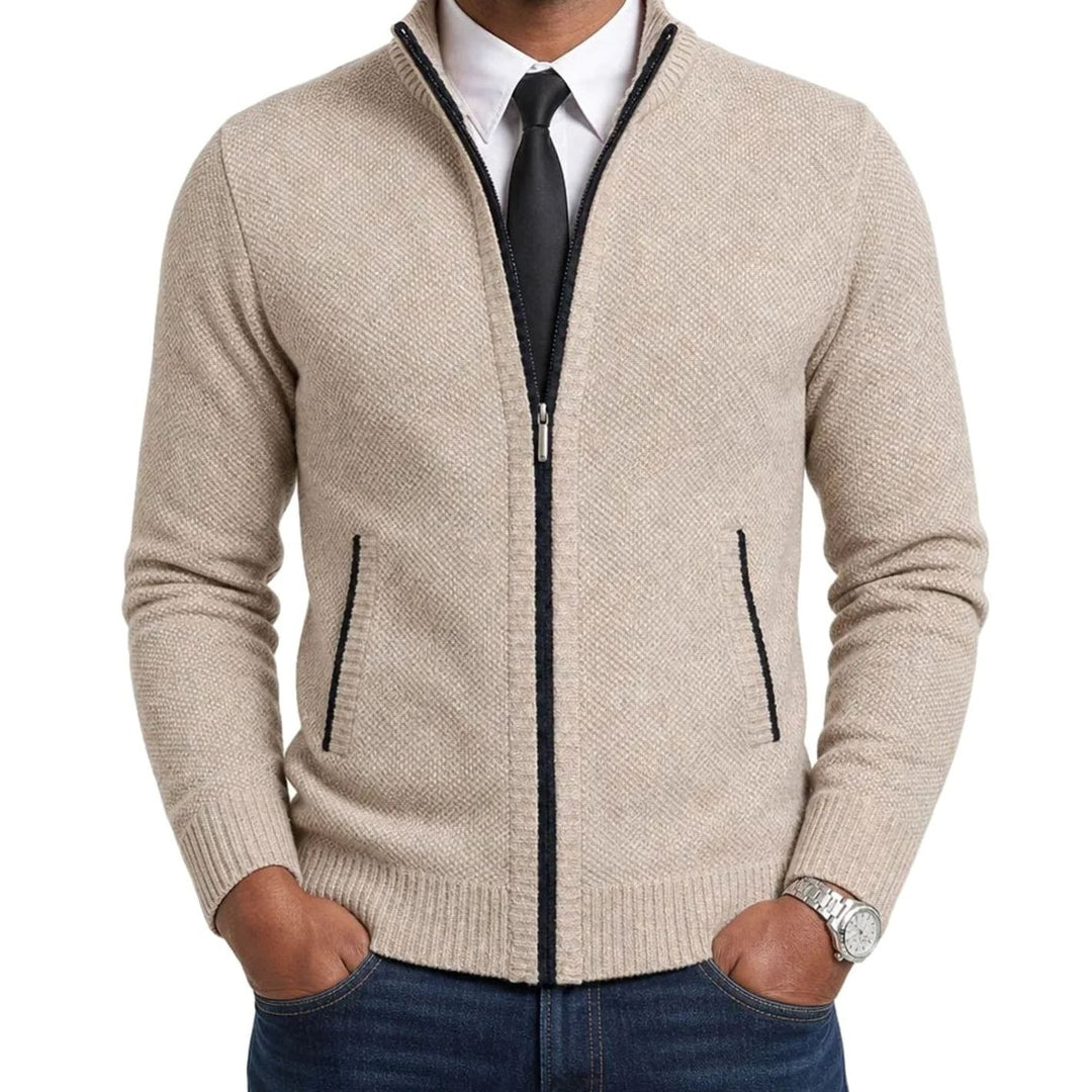 Herren Strickjacke mit Reißverschluss Stehkragen Strukturstrick - Beige