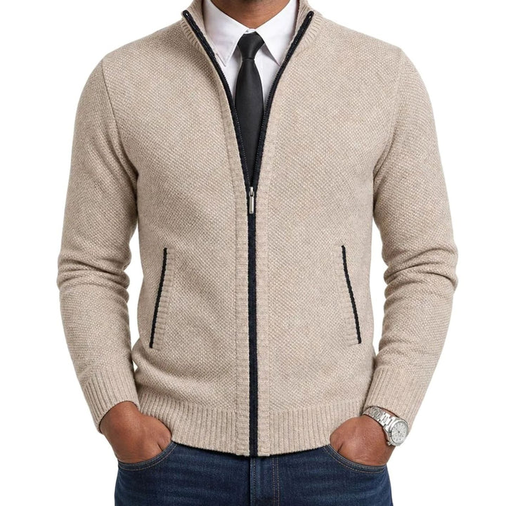 Herren Strickjacke mit Reißverschluss Stehkragen Strukturstrick - Beige