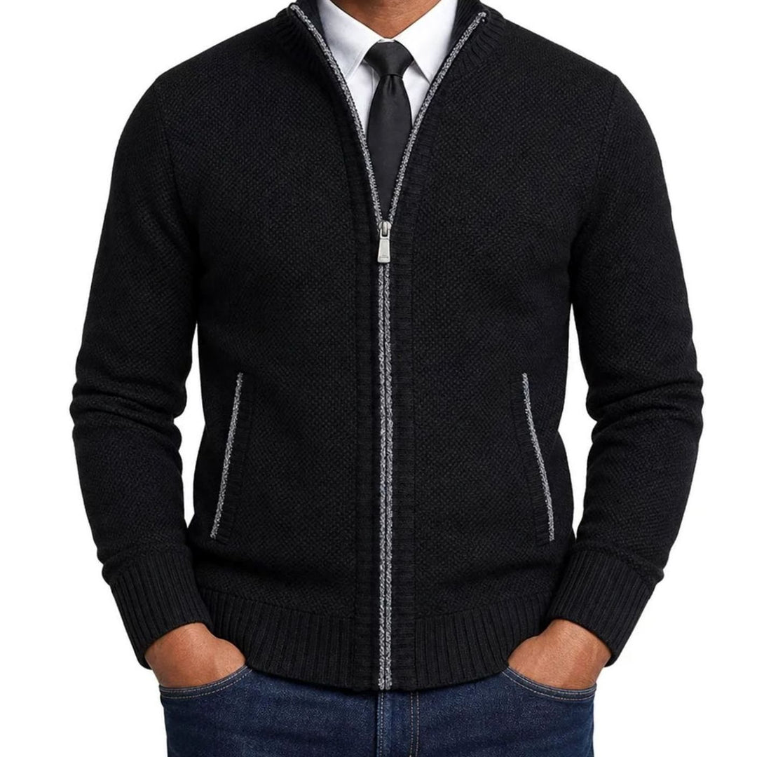 Herren Strickjacke mit Reißverschluss Stehkragen Strukturstrick - Schwarz