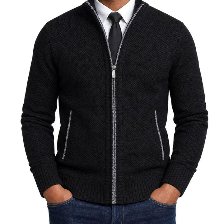 Herren Strickjacke mit Reißverschluss Stehkragen Strukturstrick - Schwarz