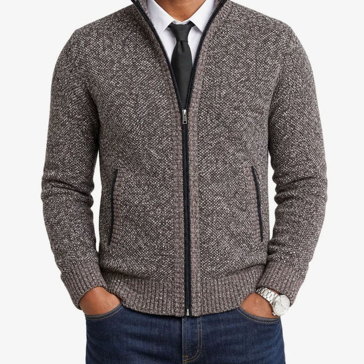 Herren Strickjacke mit Reißverschluss Stehkragen Strukturstrick - Grau