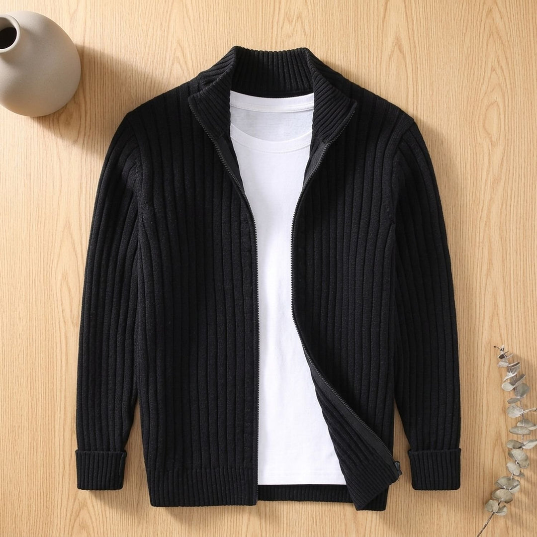 Herren Strickjacke mit Stehkragen und Reißverschluss - Schwarz