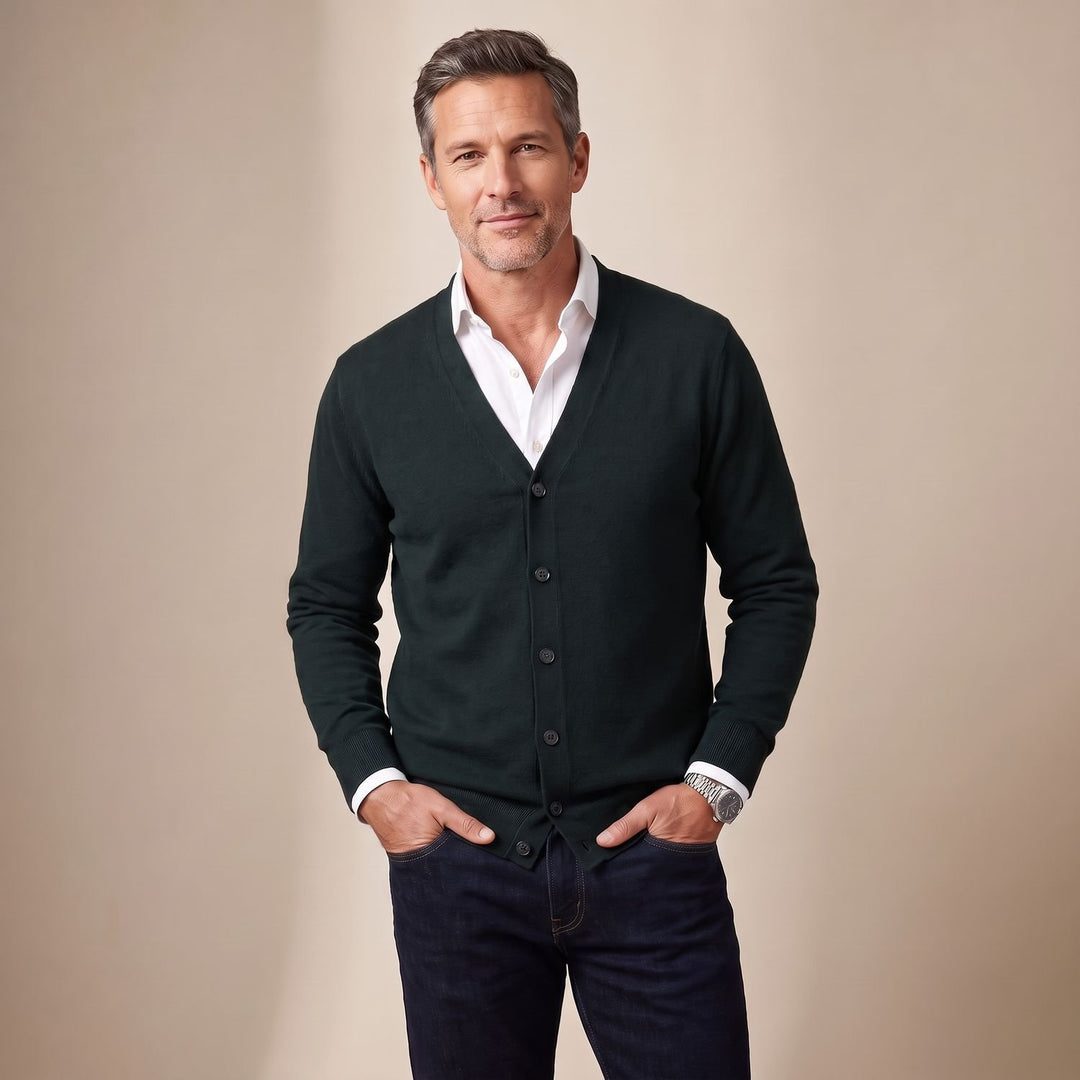 Herren Strickjacke V-Ausschnitt Knopfleiste Regular Fit - Grün