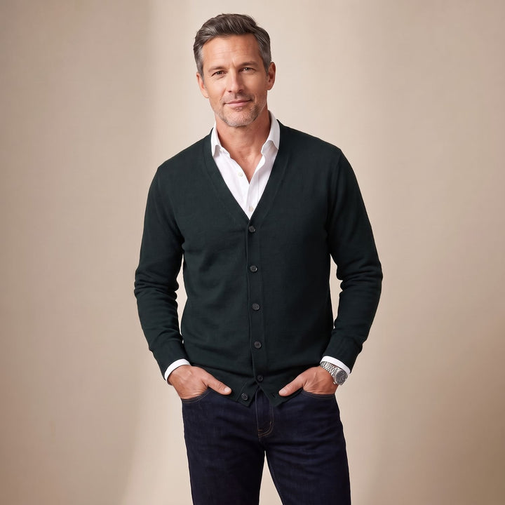 Herren Strickjacke V-Ausschnitt Knopfleiste Regular Fit - Grün