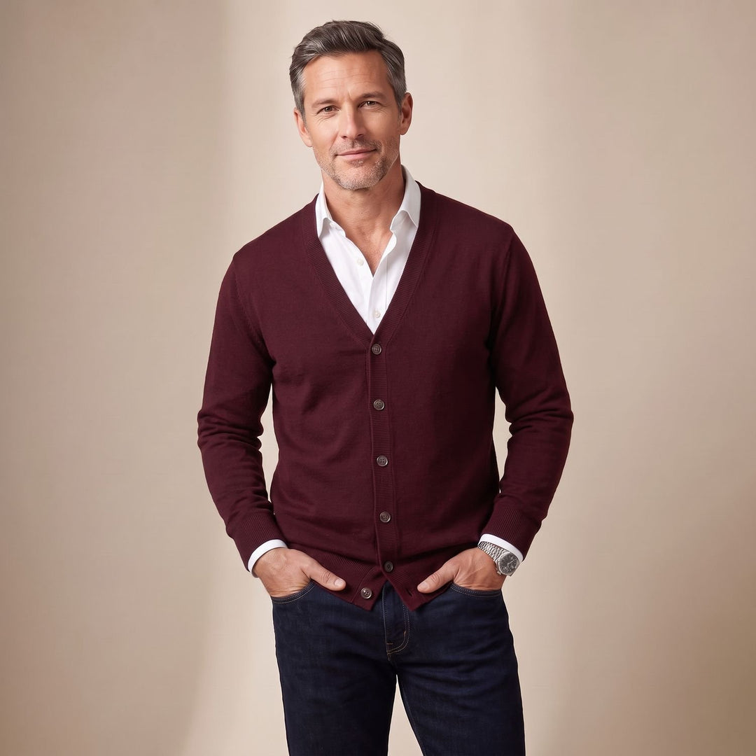 Herren Strickjacke V-Ausschnitt Knopfleiste Regular Fit - Rot