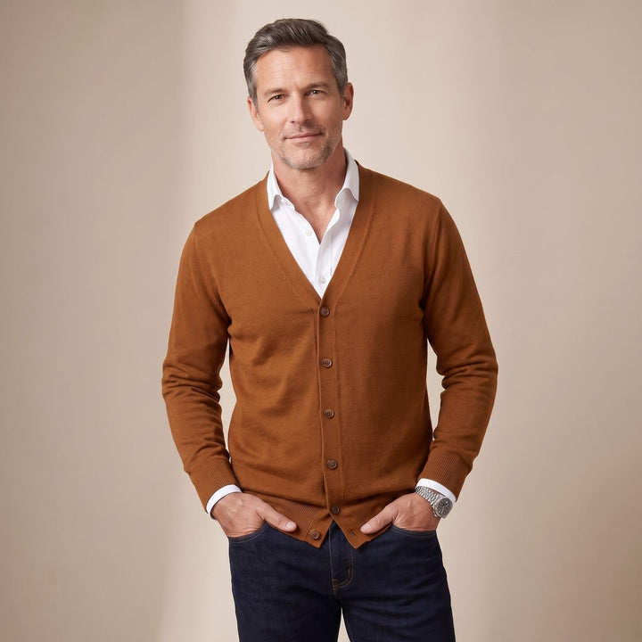 Herren Strickjacke V-Ausschnitt Knopfleiste Regular Fit - Braun