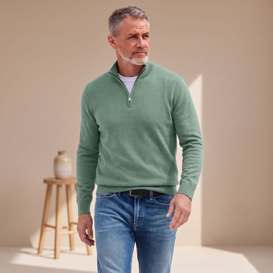 Herren Strickpullover Longsleeve mit Viertelreißverschluss - Grün