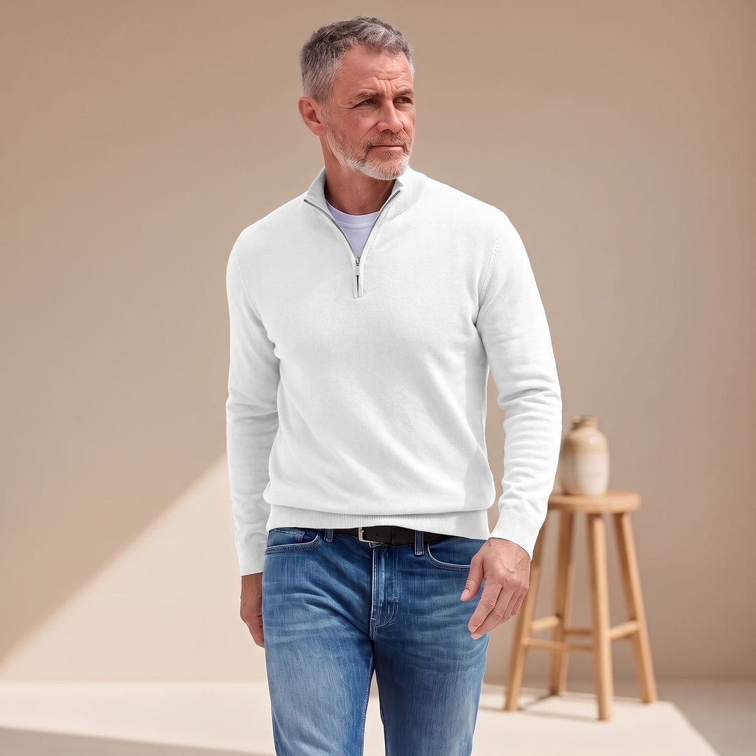 Herren Strickpullover Longsleeve mit Viertelreißverschluss - Weiß