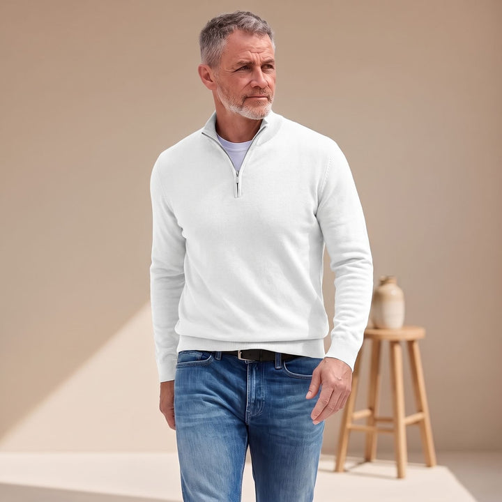 Herren Strickpullover Longsleeve mit Viertelreißverschluss - Weiß
