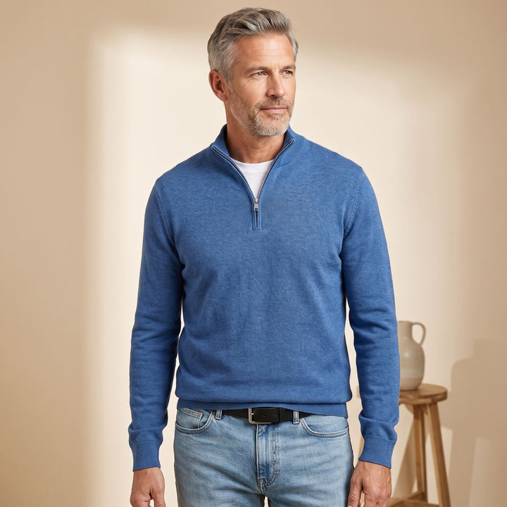 Herren Strickpullover Longsleeve mit Viertelreißverschluss - Blau