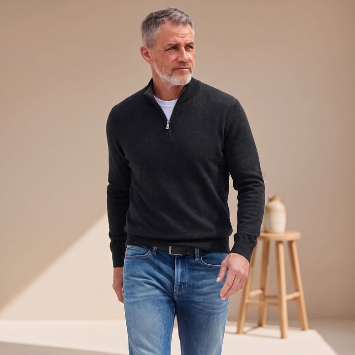 Herren Strickpullover Longsleeve mit Viertelreißverschluss - Schwarz