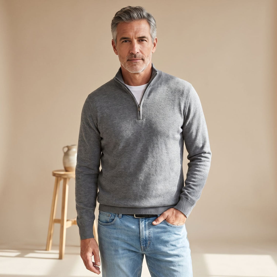 Herren Strickpullover Longsleeve mit Viertelreißverschluss - Grau