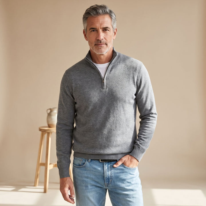 Herren Strickpullover Longsleeve mit Viertelreißverschluss - Grau