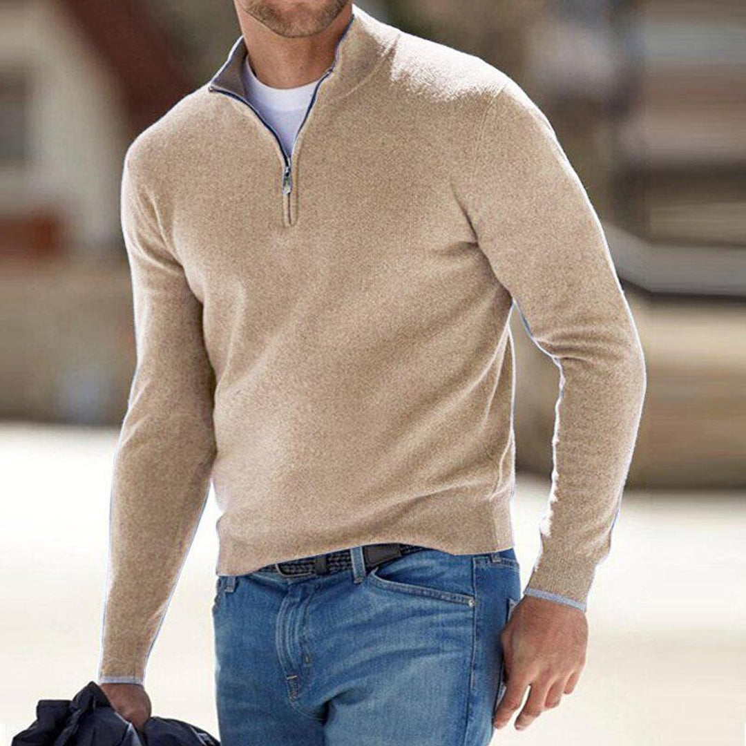 Herren Strickpullover mit Halbem Reißverschluss Regular Fit - Beige