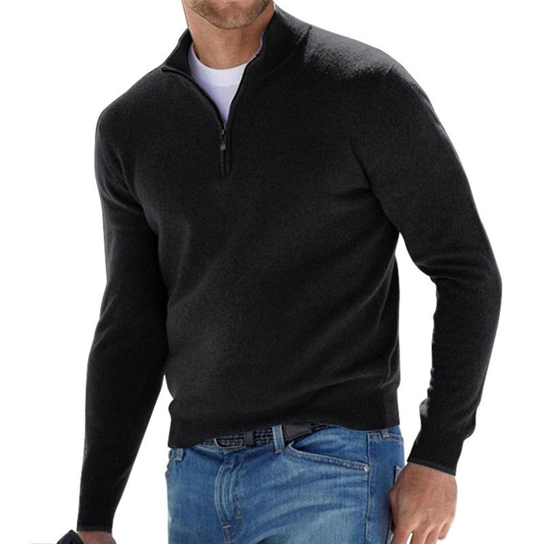 Herren Strickpullover mit Halbem Reißverschluss Regular Fit - Schwarz